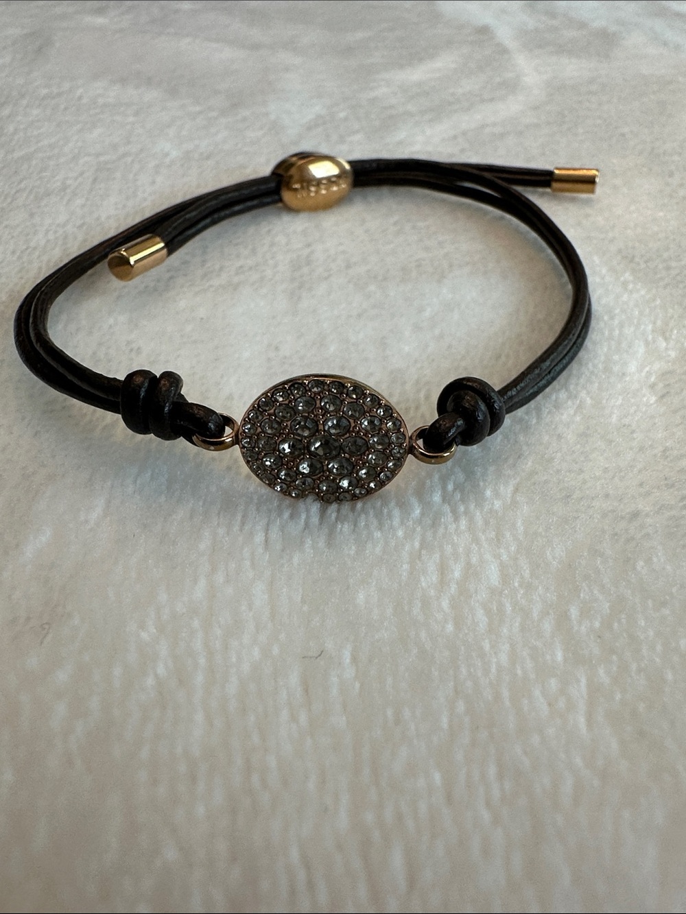 Fossil Dark Brown Leather Bracelet with Pavé Circle Charm and Gold Accents